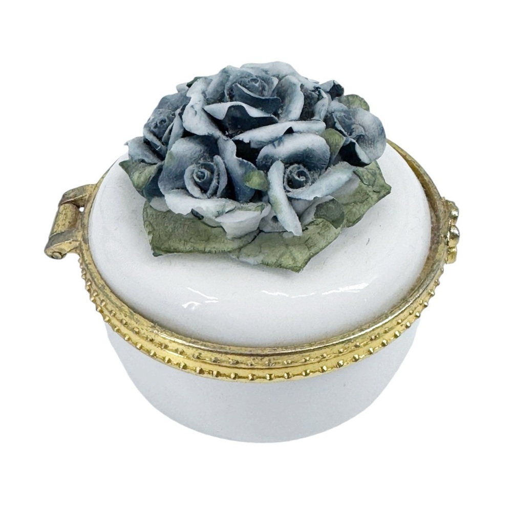 Vintage Milk Glass Hinged Trinket Box with Applied Ceramic Roses